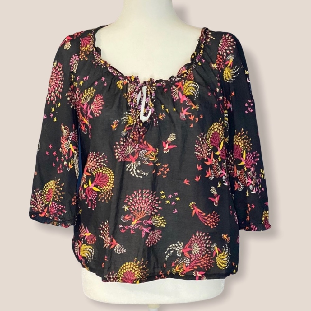 Lilka Anthropologie Black Bird Print Boho Chic Top